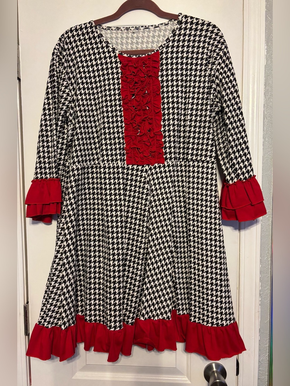Women’s Black & White Houndstooth Blouse with Red Ruffle Trim